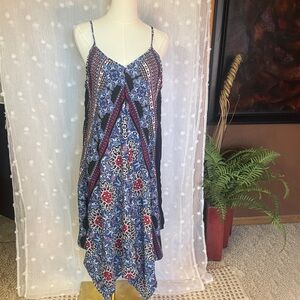 Mlle Gabrielle Blue and Red Asymmetrical Boho Slip Dress
